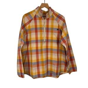 LL BEAN Everyday SunSmart Quarter Zip Pullover Shirt Womens Plaid Est XL UPF 50+